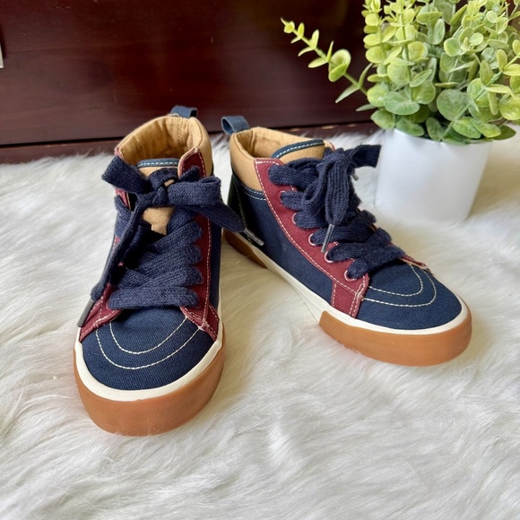 Old Navy Kids Colorblock Canvas High-Top Sneakers Navy Burgundy Tan Size 4 - Picture 1 of 10